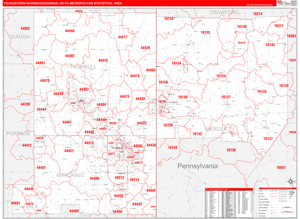 Youngstown-Warren-Boardman Metro Area Digital Map Red Line Style